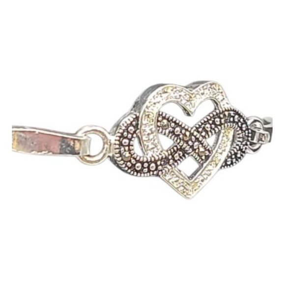 Sterling Silver Cubic Zirconia & Marcasite Heart Infinity Bracelet Tension Hook - Picture 12 of 15